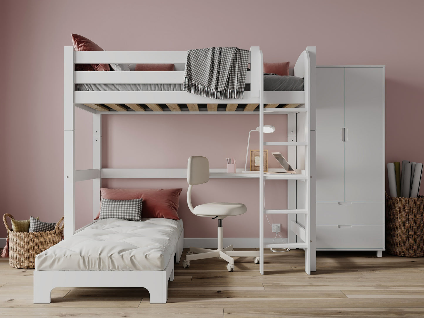 High Sleeper Bed with Tall Wardrobe, Desk & Futon