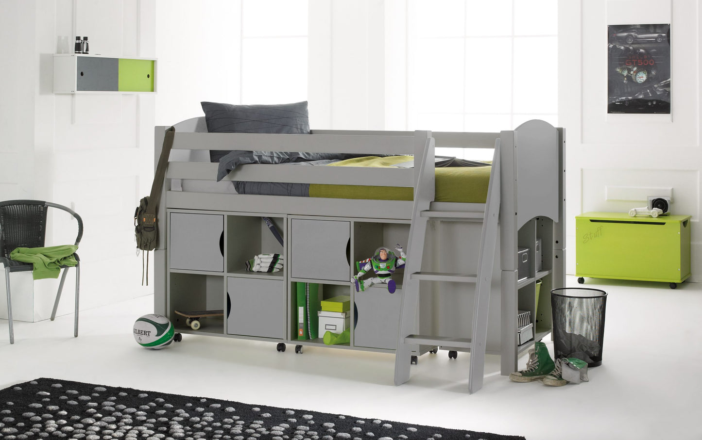 Scallywag Convertible Children's Midsleeper Cabin Bed with 3 Quad Shelving Units