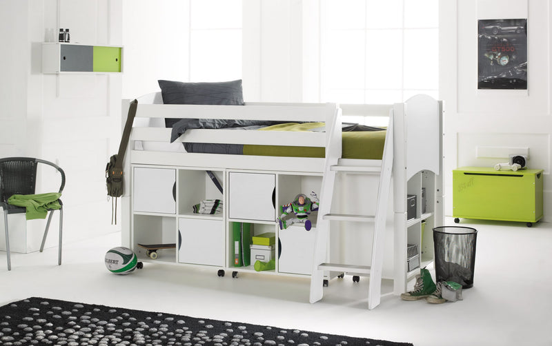 Scallywag Convertible Children's Midsleeper Cabin Bed with 3 Quad Shelving Units (also available in grey)
