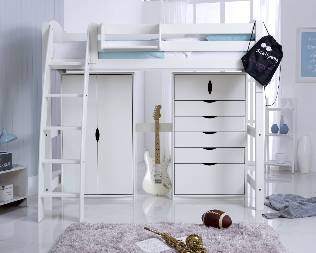 Scallywag Convertible High Sleeper Bed with 5 Drawer Chest Unit and Wardrobe (also available in grey)
