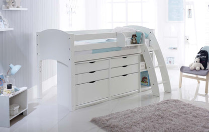 Scallywag Convertible Mid Height Cabin Bed with Drawer Units and Shelf (also available in grey)