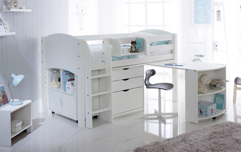 Scallywag Convertible Mid Height Cabin Bed with Pull Out Desk, 3 Drawer Chest, & Quad Shelving Unit (also available in white)