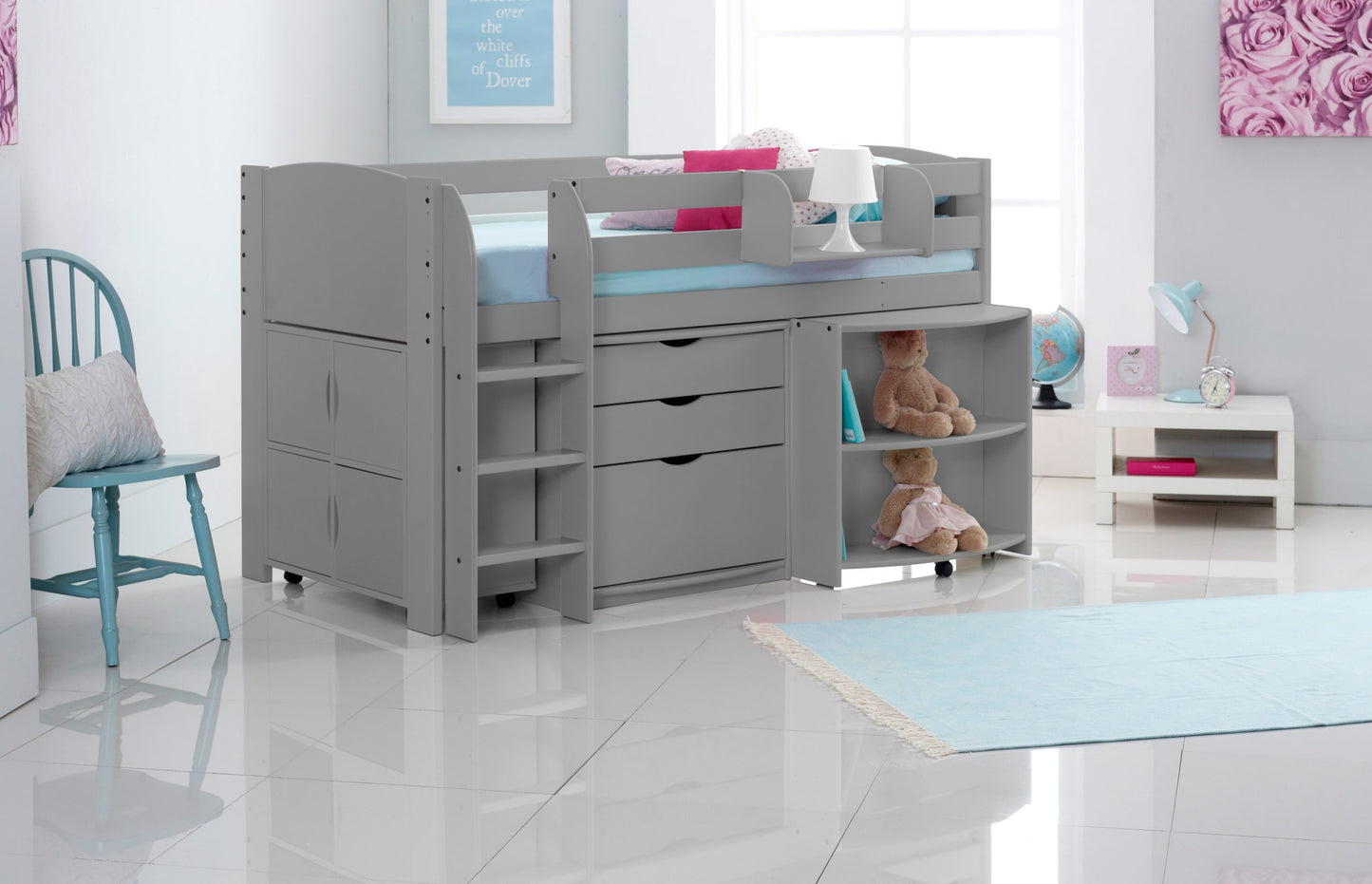 Scallywag Kids Exclusive Mid Sleeper Cabin Bed with Pull Out Desk, 3 Drawer Chest & Quad Unit